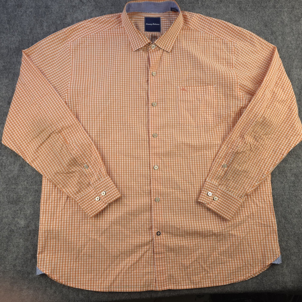 Tommy Bahama Shirt 2XL Orange Gingham‎ Check Long Sleeve Button Up Cotton Logo